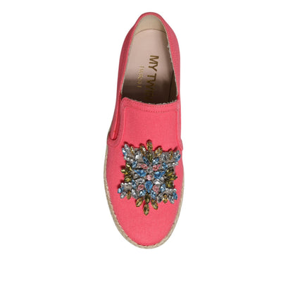 Twinset Pink Canvas Crystal Embellished Slip On Shoes